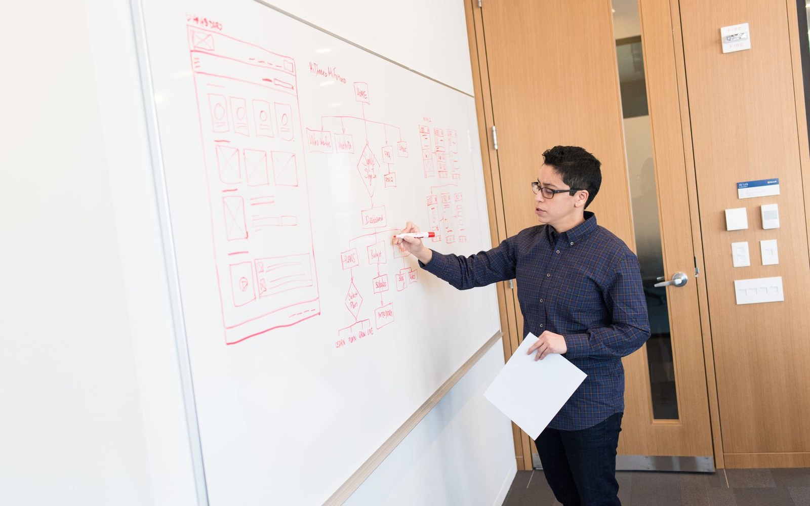 Person sketching a wireframe flowchart with a red marker on a whiteboard