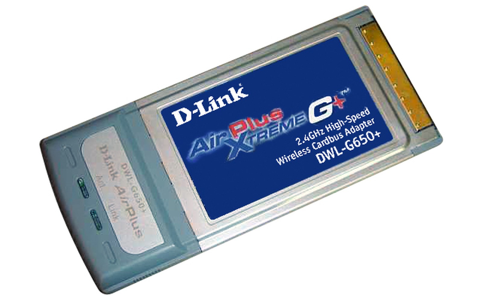 D-Link AirPlus Xtreme G+ wireless CardBus adapter with visible gold connector pins